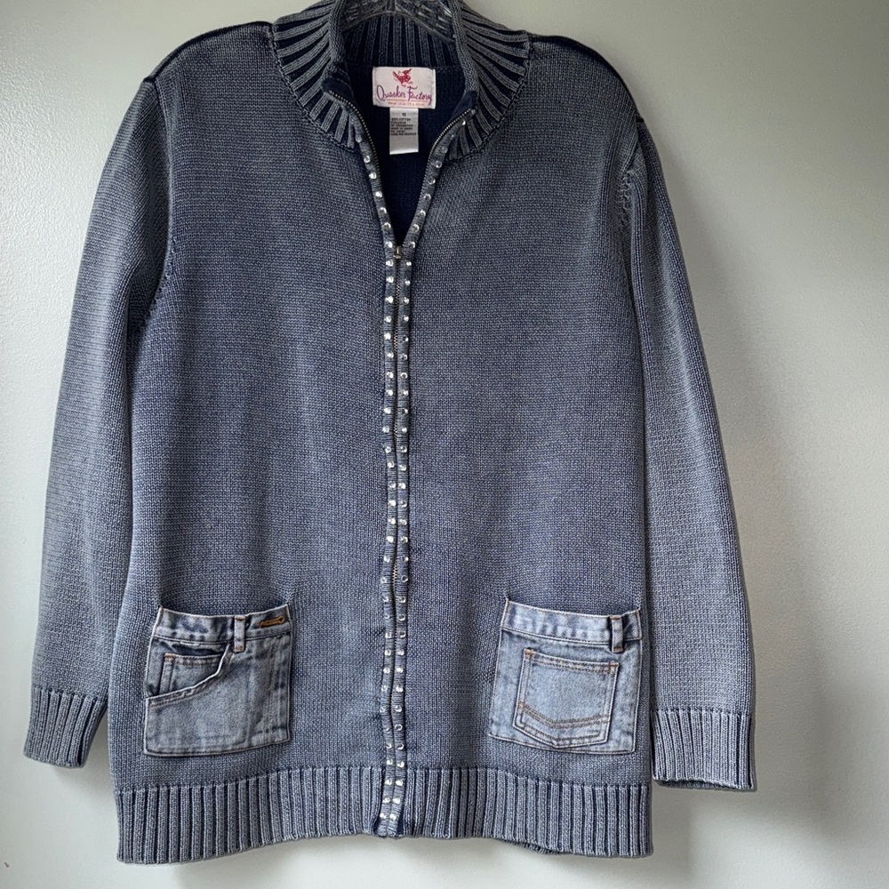 Quacker Factory Navy Zip Cardigan with Pink Embroidered Label & Jean Pockets